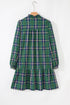 Plaid Frilled Collar Notched V Neck Tiered Long Sleeve Mini Dress